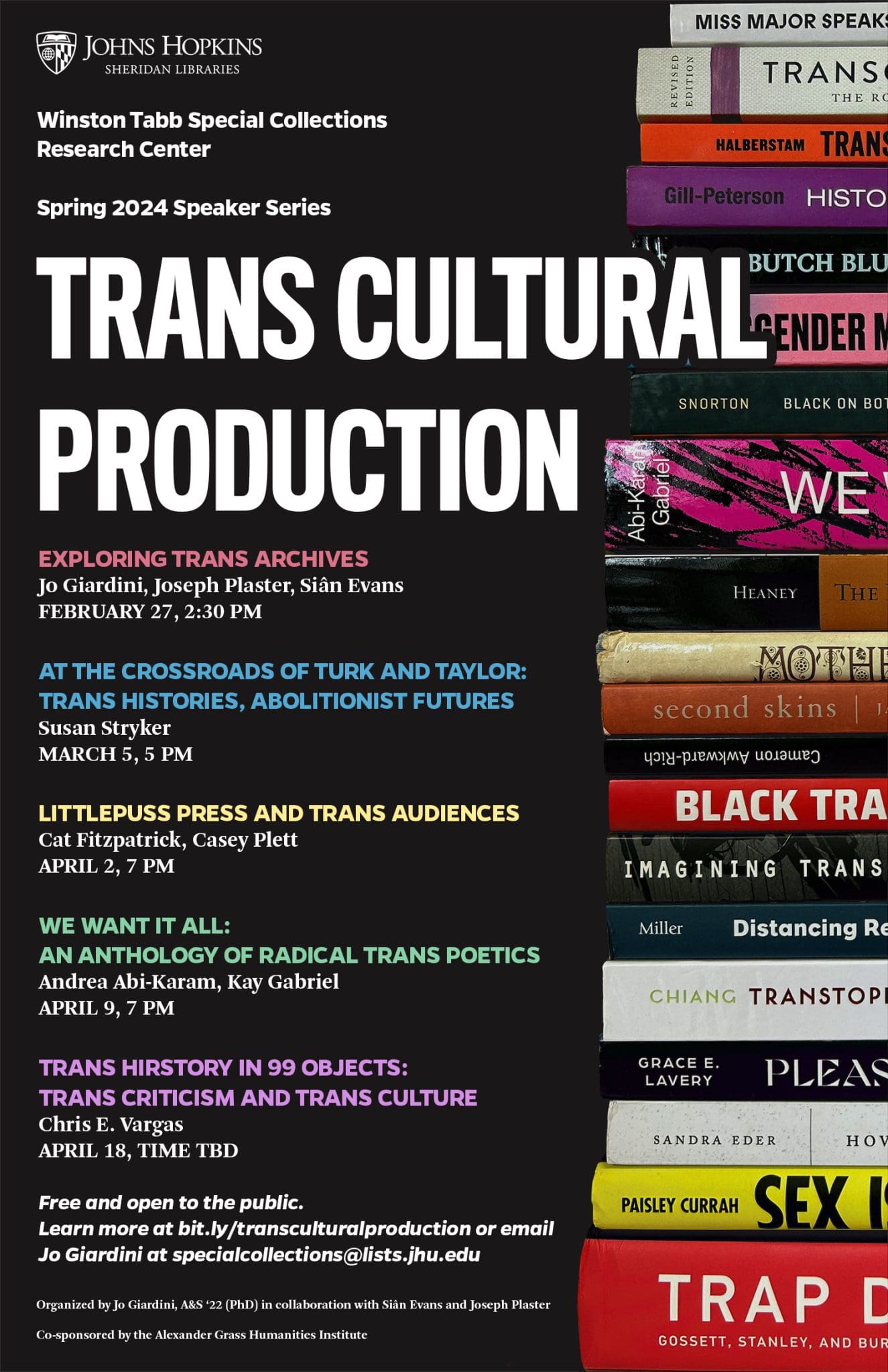 Trans Cultural Production series poster, with dates and info about events, over background graphic of book spines displaying relevant titles in trans studies.
