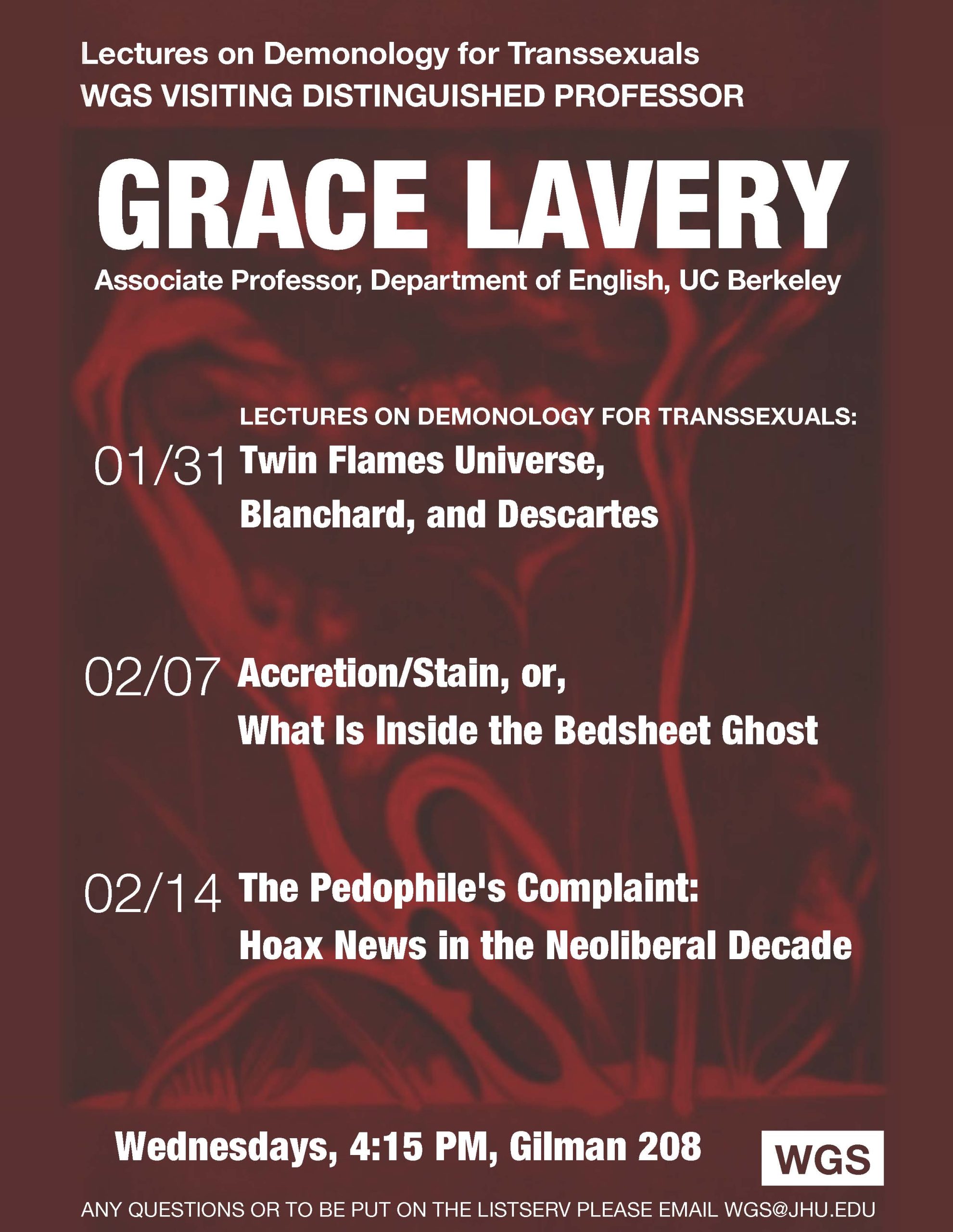 Poster for Grace Lavery's series of talks on Jan. 31, Feb. 7, and Feb. 14 in Gilman 208.