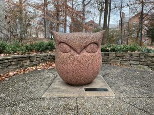 Owl sculpture outdoors in JHU's Bufano Sculpture Garden.