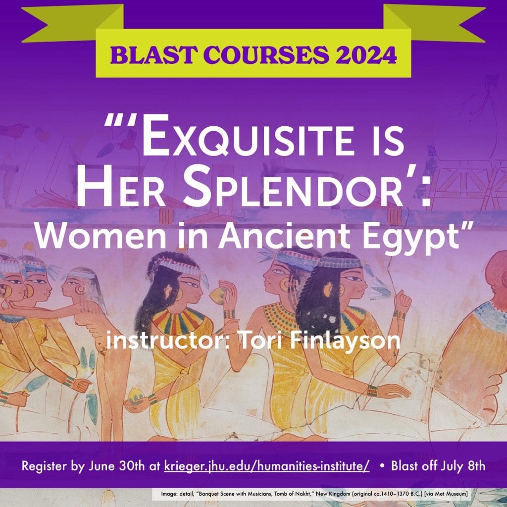 Blast Course icon for "‘Exquisite is her Splendor’: Women in Ancient Egypt," featuring a background image of an ancient Egyptian wall painting including several women drinking and feasting with each other.