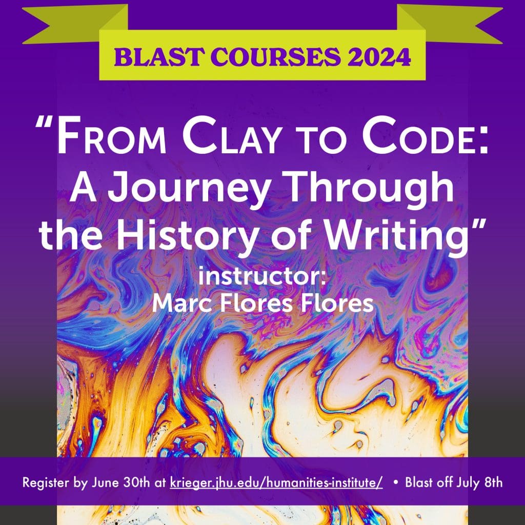 Blast Course icon for "From Clay to Code: A Journey Through the History of Writing," featuring a background image of an abstract swirl of iridescent fluidity.
