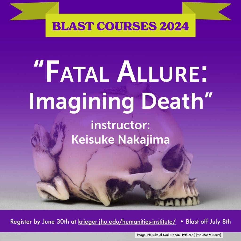 Blast Course icon for "Fatal Allure: Imagining Death," featuring a background image of a netsuke or miniature sculpture in ivory of a human skull being climbed by a frog and a snail.
