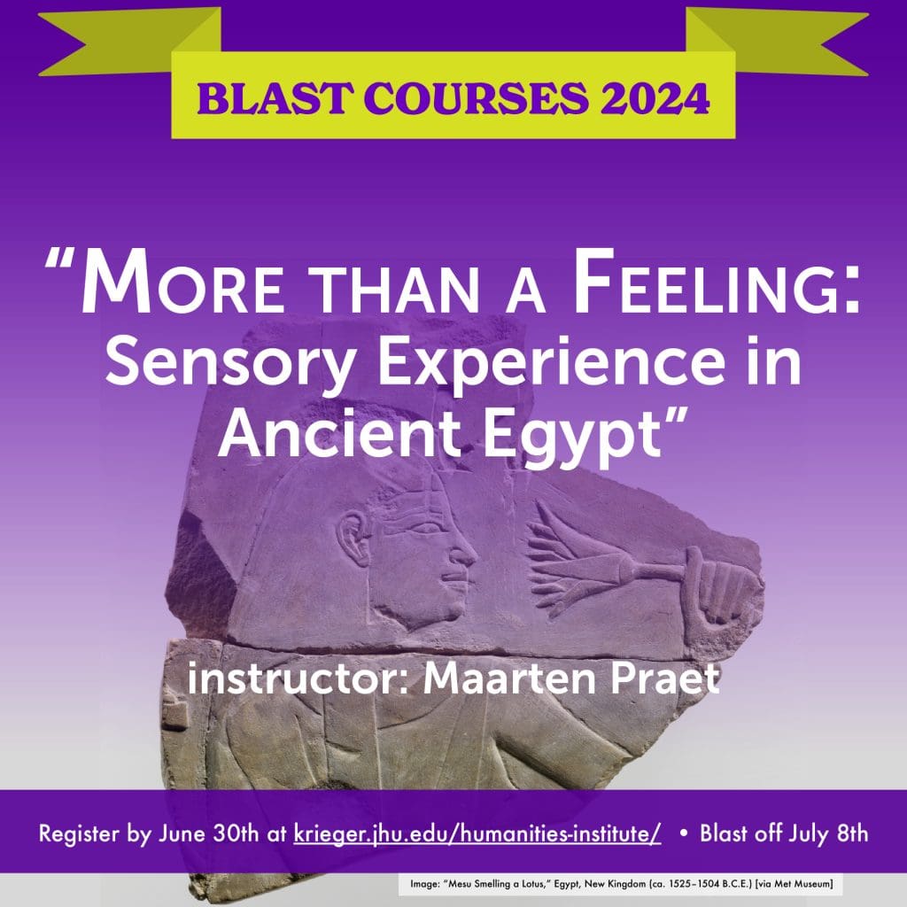 Blast Course icon for "More Than a Feeling: Sensory Experience in Ancient Egypt," featuring a background image of an ancient Egyptian stone carving of a woman named Mesu spelling a lotus flower.