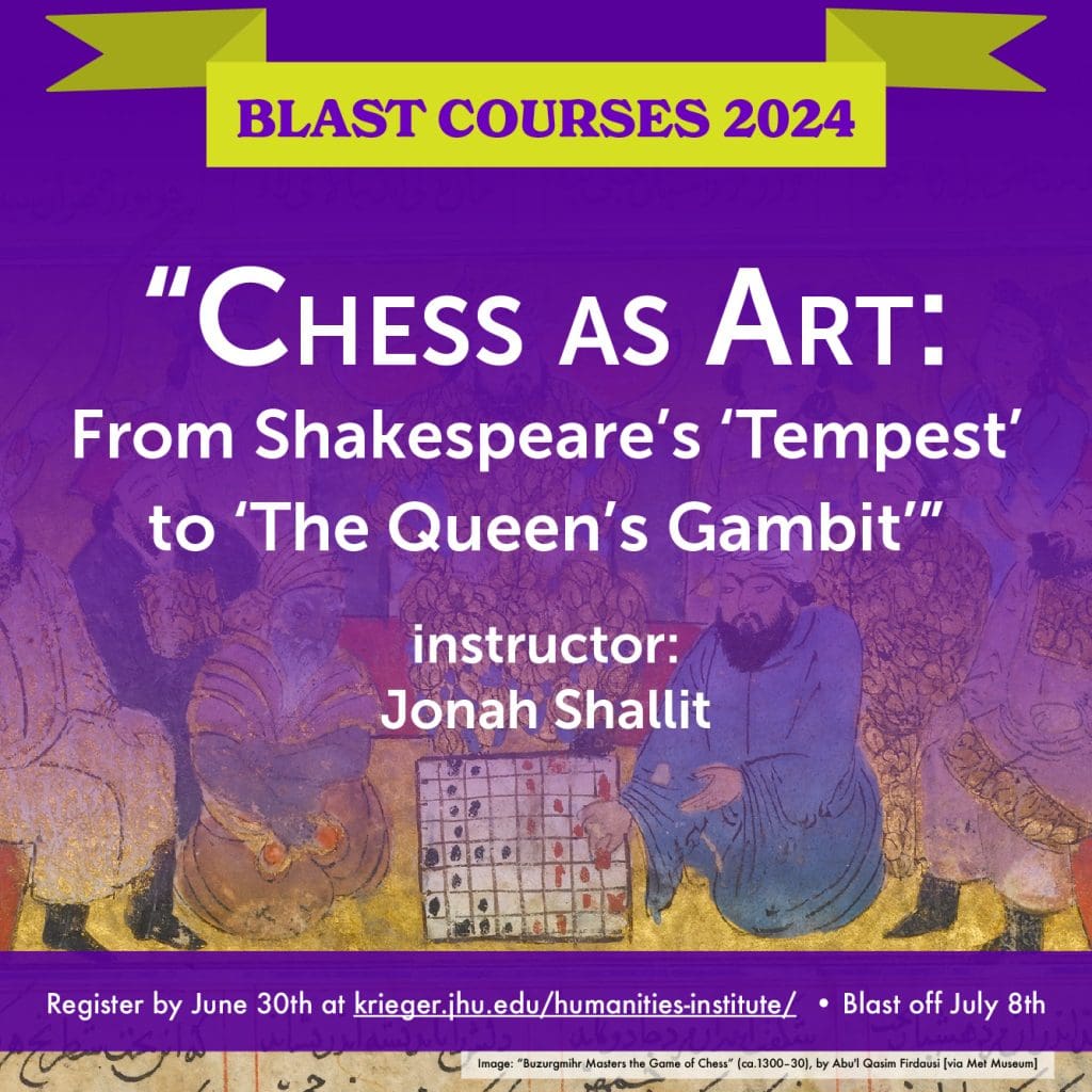 Blast Course icon for "Chess as Art: From Shakespeare's 'Tempest to 'The Queen's Gambit'," featuring a background image of a 14th-century page from the Iranian "Book of Kings" illustrating an Indian envoy being beat by a local vizier at chess.