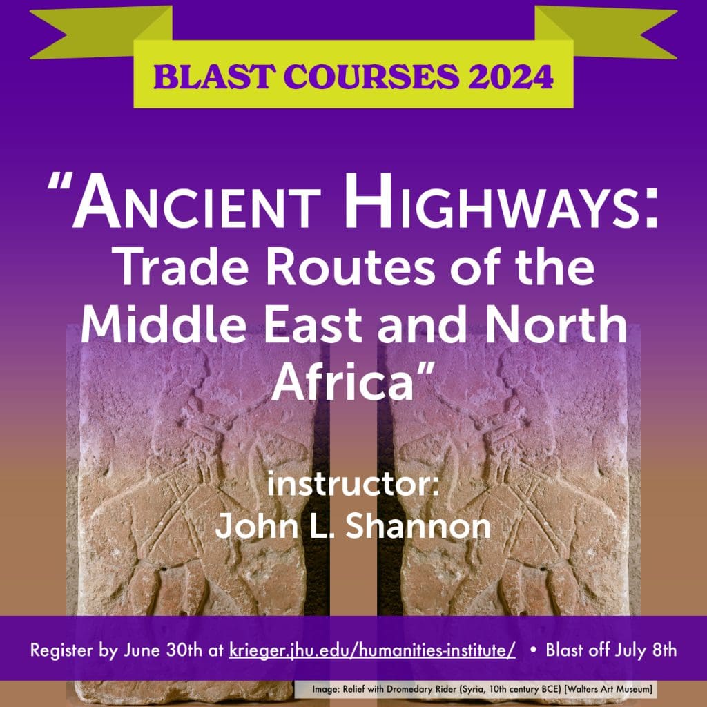 Blast Course icon for "Ancient Highways: Trade Routes of the Middle East and North Africa," featuring a background image (mirrored side to side) of an ancient Syrian stone relief of a caravan trader-rider atop a dromedary camel (from the Walters Art Museum).