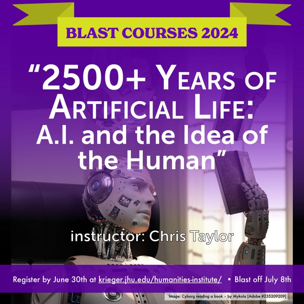 Blast Course icon for "2500+ Years of Artificial Life: A.I. and the Idea of the Human," featuring a background image of a humanoid robot or artificial entity reading a book in front of a window.