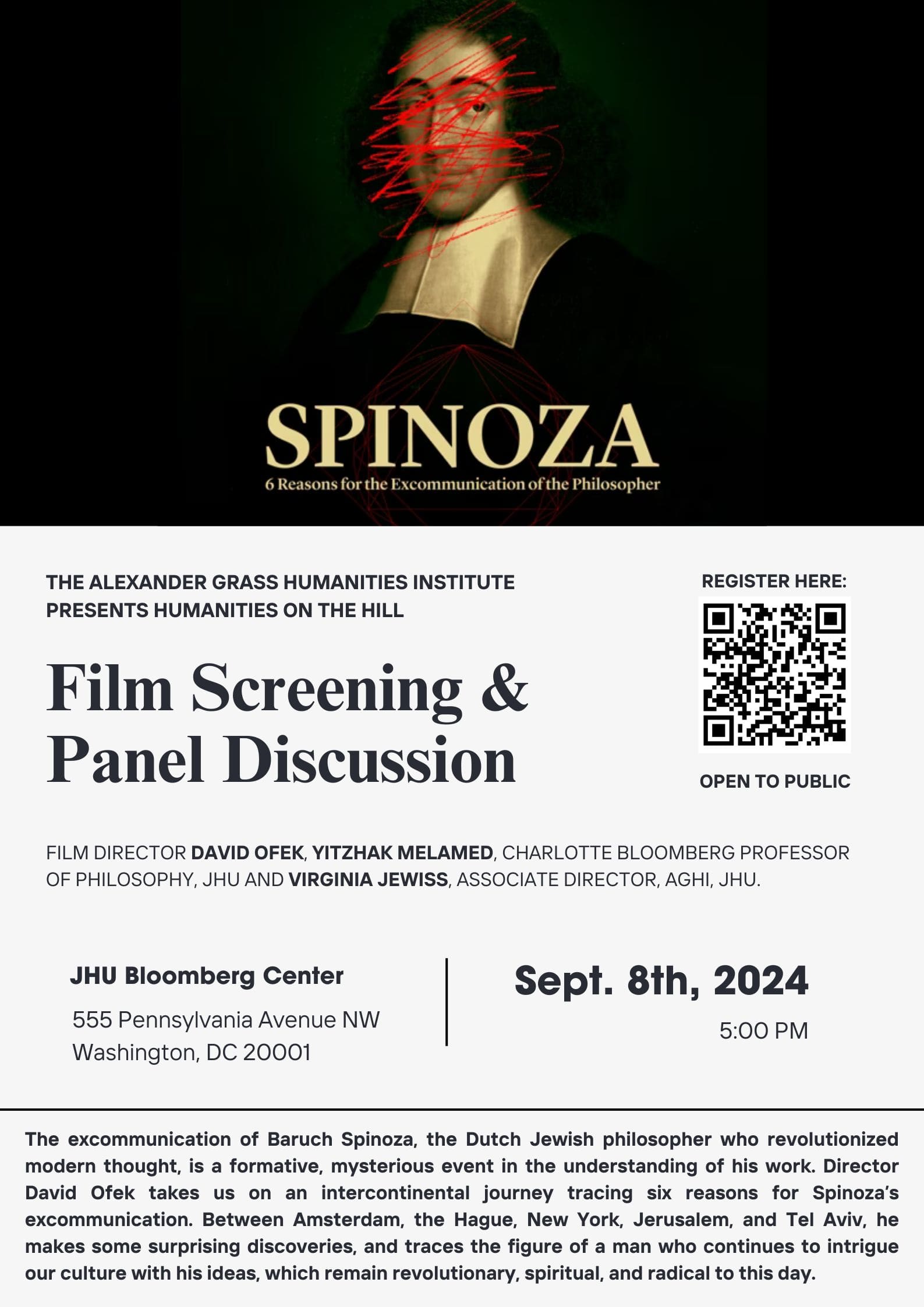 Spinoza film screening and panel discussion poster