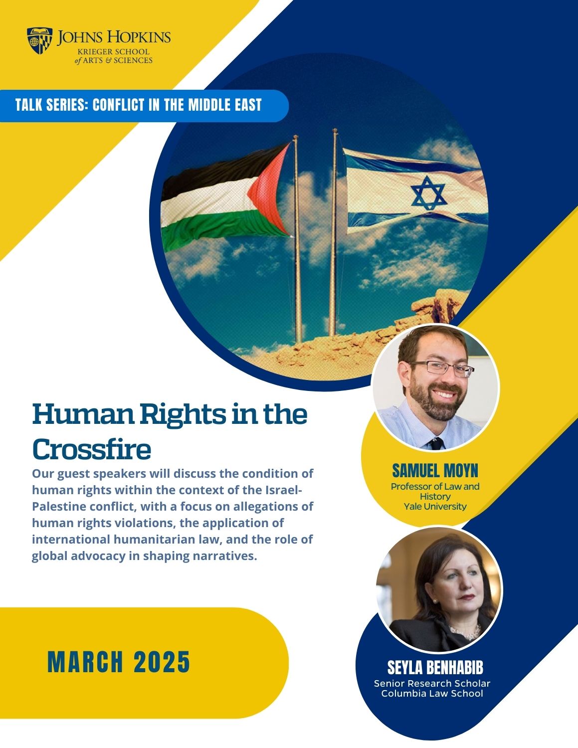 Human Rights in the Crossfire poster with headshots of Samuel Moyn and Seyla Benhabib