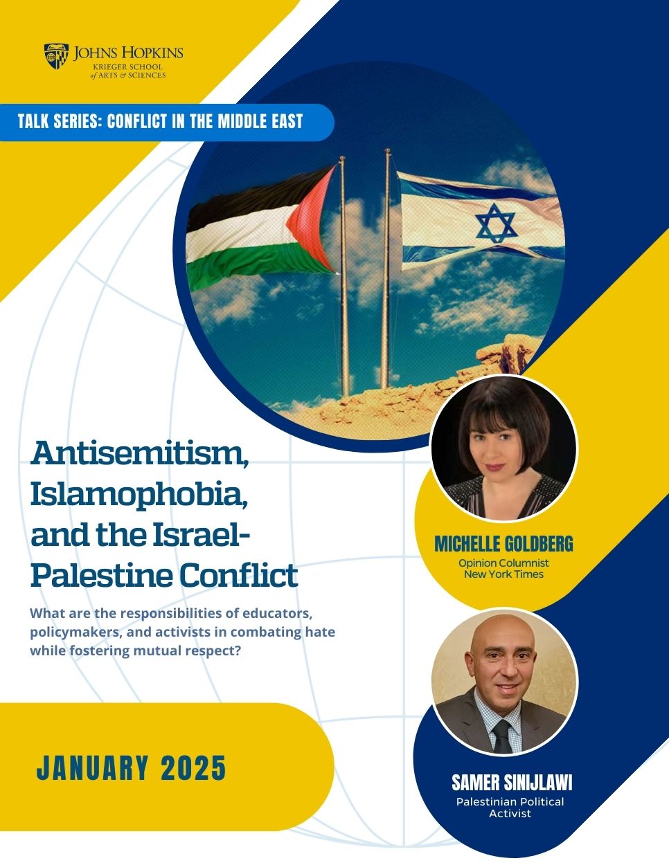 event poster with an image of michelle goldberg and samer sinijlawi