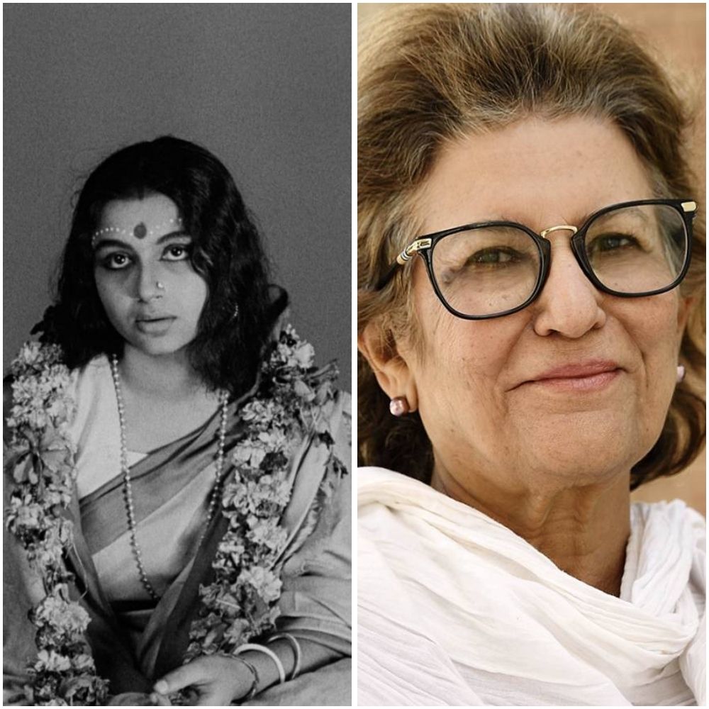 Image is square divided into two vertical rectangles with an image in each. Left image is a black and white still from the 1960 film Devi. Right image is a photograph of Hopkins professor Veena Das.