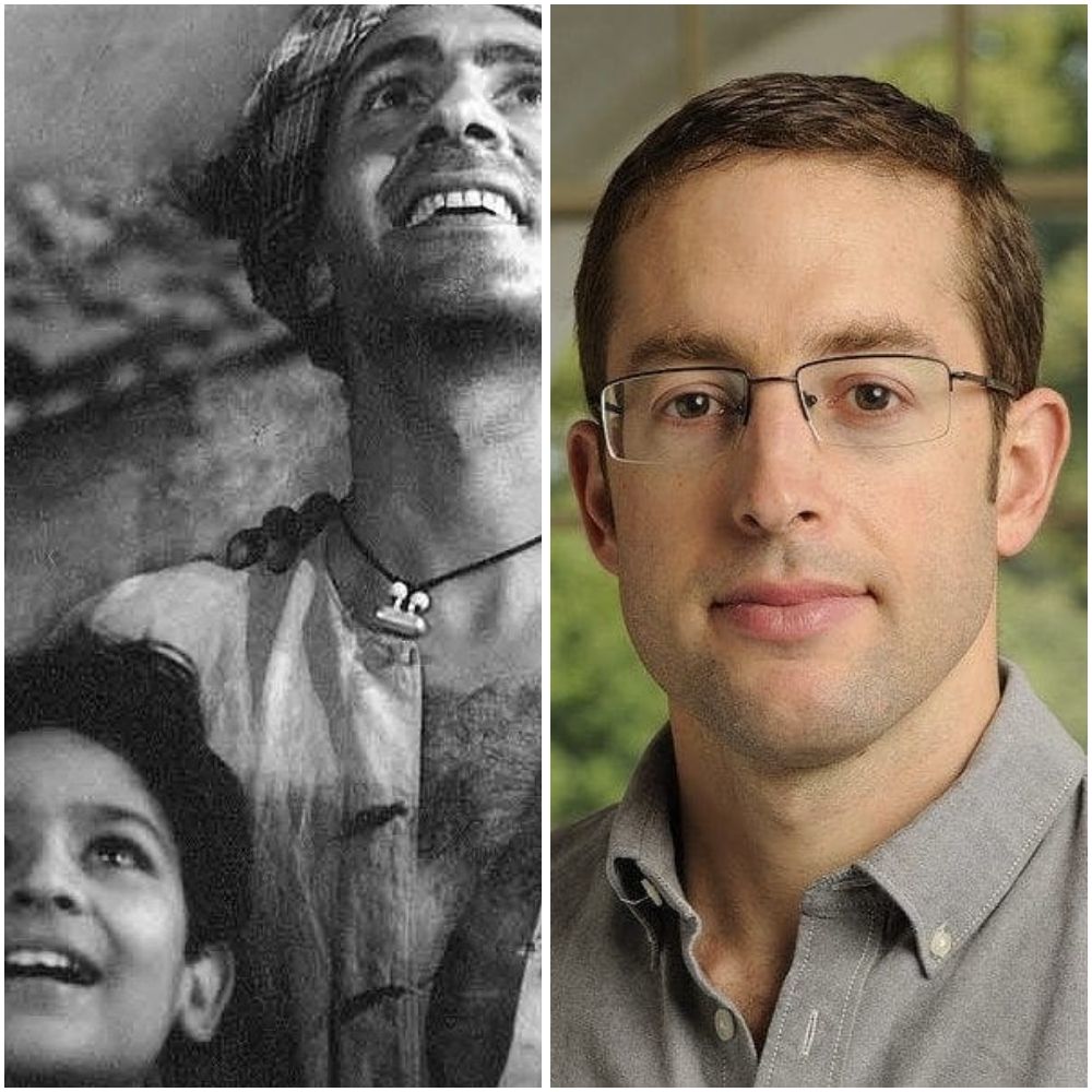 Image is square divided into two vertical rectangles with an image in each. Left image is a black and white still from the 1953 film Do Bigha Zamin. Right image is a photograph of Hopkins professor Michael Levien.