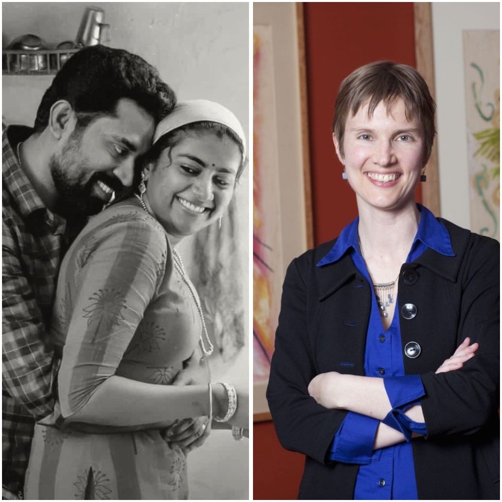 Image is square divided into two vertical rectangles with an image in each. Left image is a black and white still from the 2021 film The Great Indian Kitchen. Right image is a photograph of Hopkins professor Rebecca Brown.