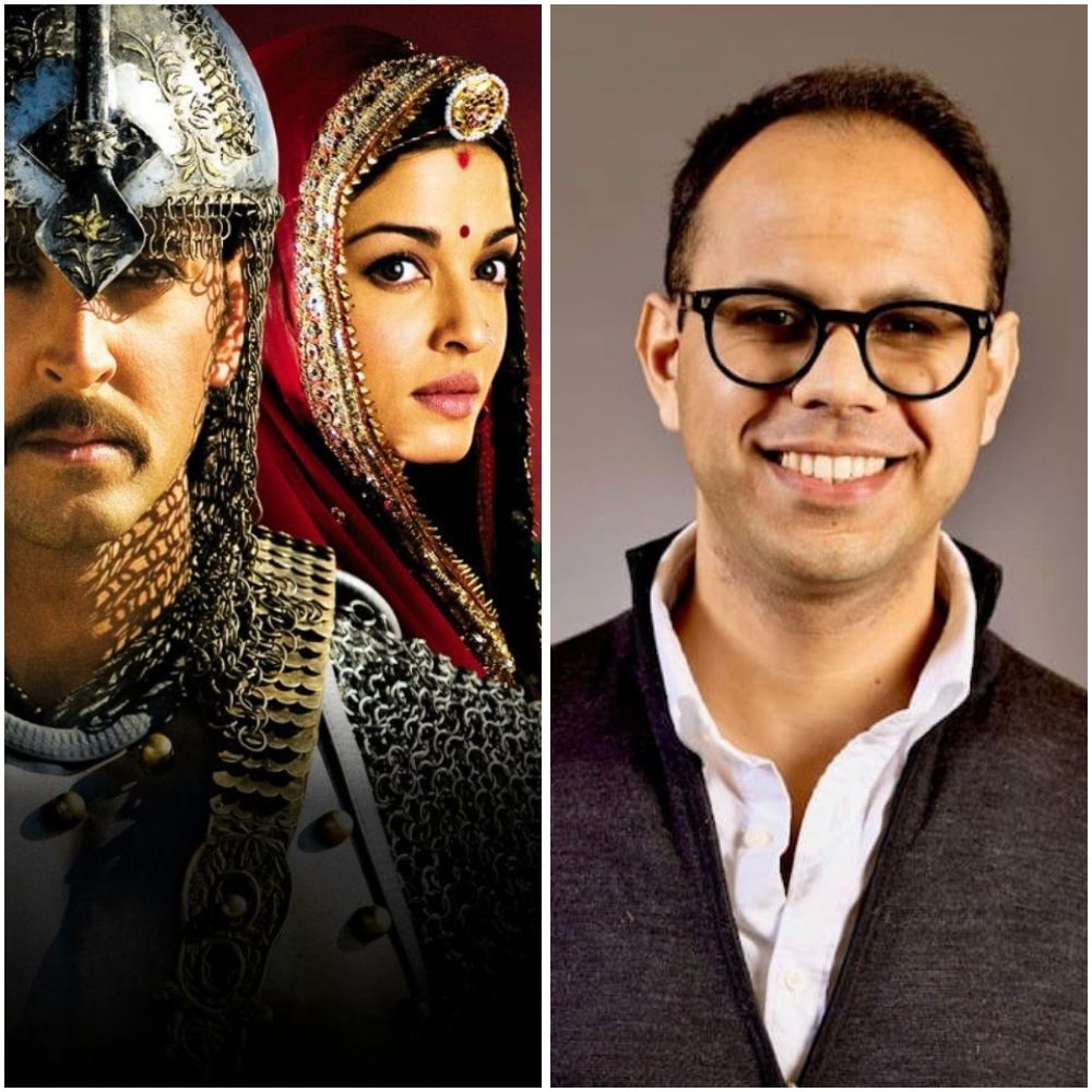 Image is a square split into two vertical rectangles, each containing a photo. To the left is a promo image from the film Jodhaa Akbar showing a 16th century Mughal prince and his Hindu princess lover. To the right is an image of Hopkins professor Mohsin Rao.