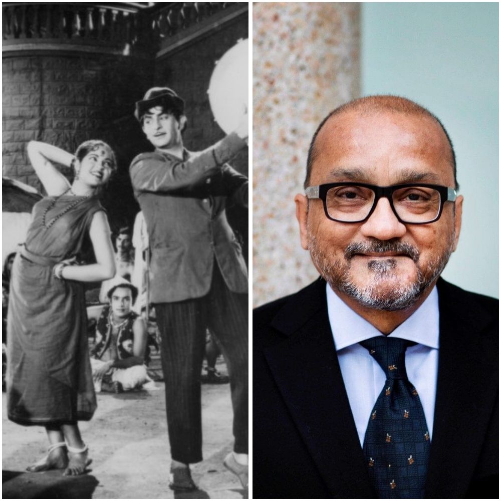 Image is square divided into two vertical rectangles with an image in each. Left image is a black and white still from the 1955 film Shree 420. Right image is a photograph of Hopkins professor Aamir Mufti.