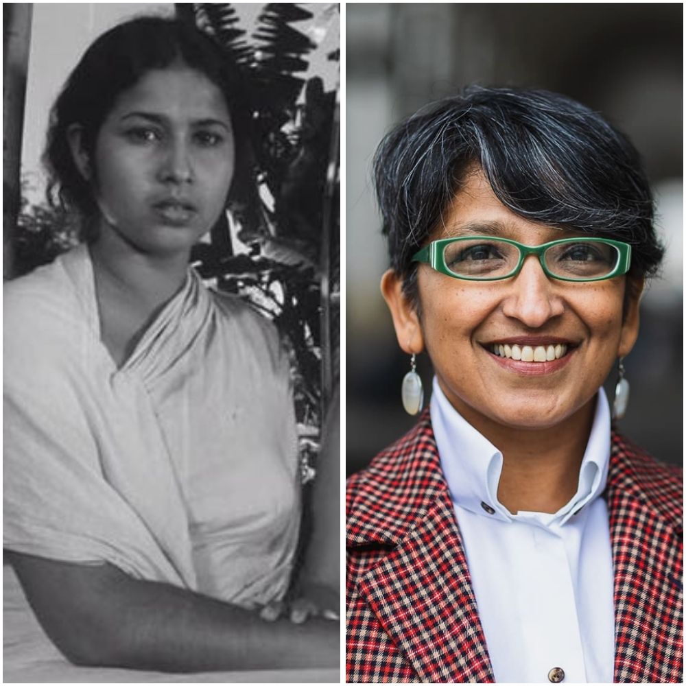 Image is square divided into two vertical rectangles with an image in each. Left image is a black and white still from the 1973 film A River Called Titas. Right is a photograph of Hopkins professor Naveeda Khan.