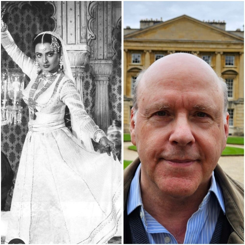 Image is a square split into two vertical rectangles. In the left rectangle is a black and white still from the 1981 film Umrao Jaan. In the right rectangle is an image of Hopkins professor Christopher Minkowski.