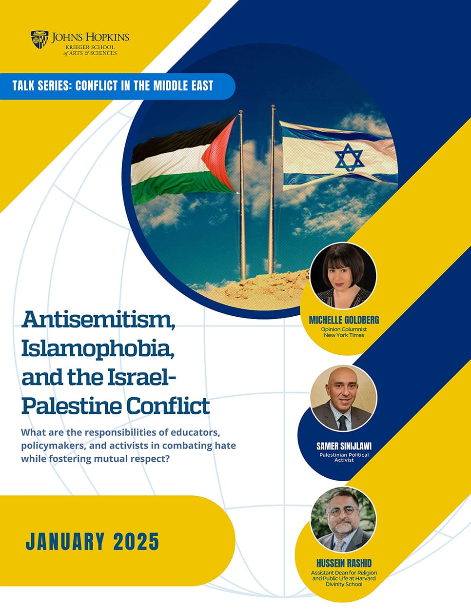 event poster with an image of michelle goldberg, samer sinijlawi, and hussein rashid