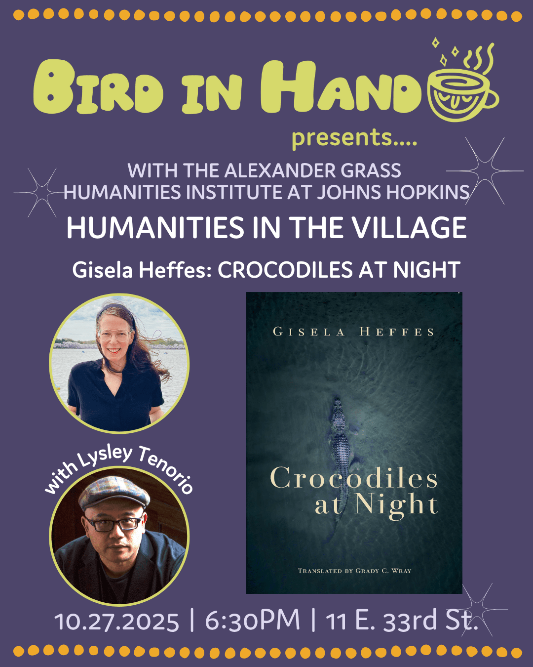 Poster with event details, a picture of Crocodiles at Night's book cover and photos of the speakers