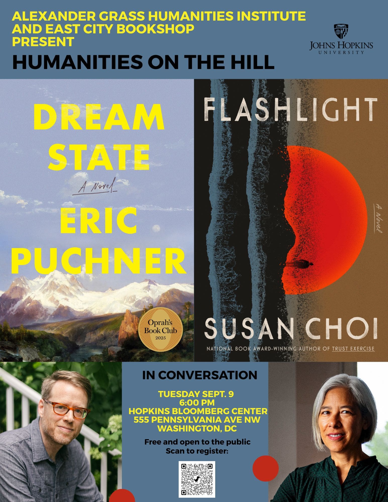 Poster with event details. Humanities on the Hill: Eric Puchner & Susan Choi