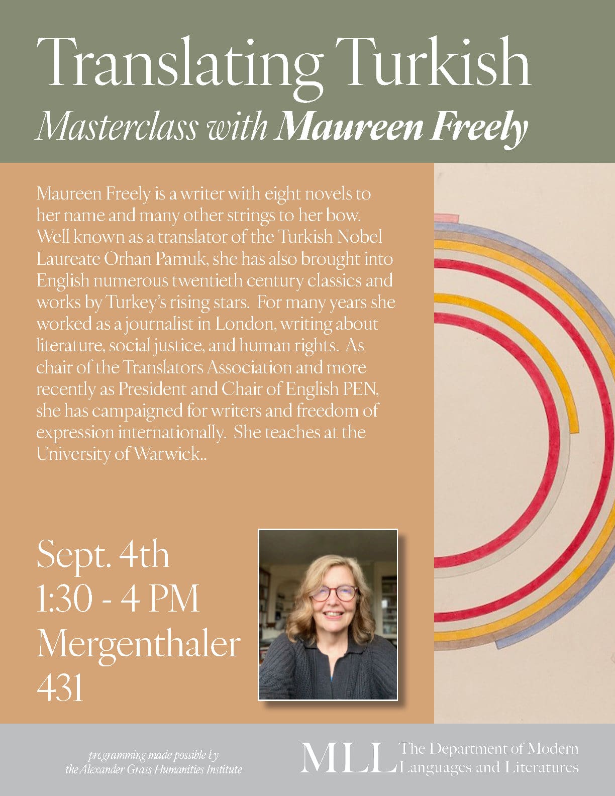 This image contains the event details with a photo of Maureen Heely smiling, wearing red frames, and wavy shoulder length blonde hair and a great sweater