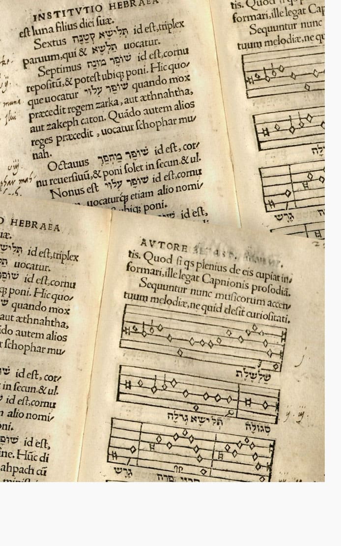 Pages from "Mele’kheth Hadiqduq. Institutiones grammaticae in Hebraeam linguam", a 16th-century Hebrew/Latin/Greek grammar book. It holds a visually captivating early form of musical notation in Hebrew.
