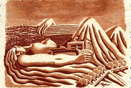 An earth tone artistic print of a woman lying on her back whose knees appear to be mountains and whose hair turns into crop rows being tilled.