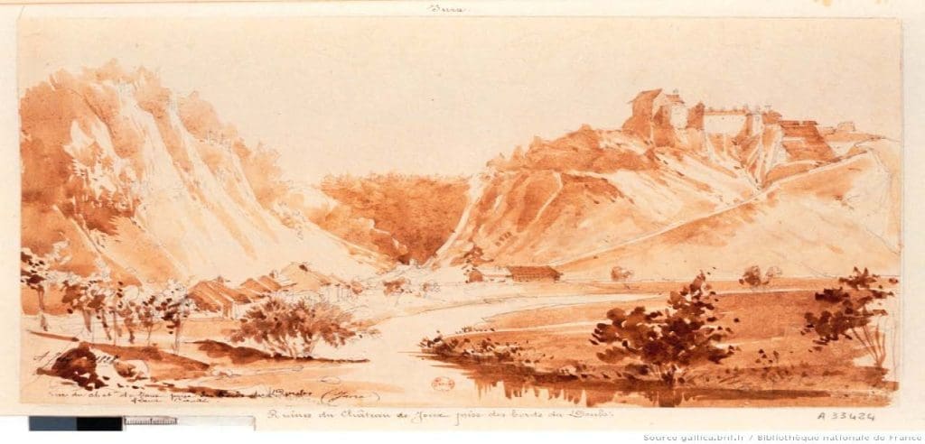 sepia-toned painting of mountains rising above trees and a river