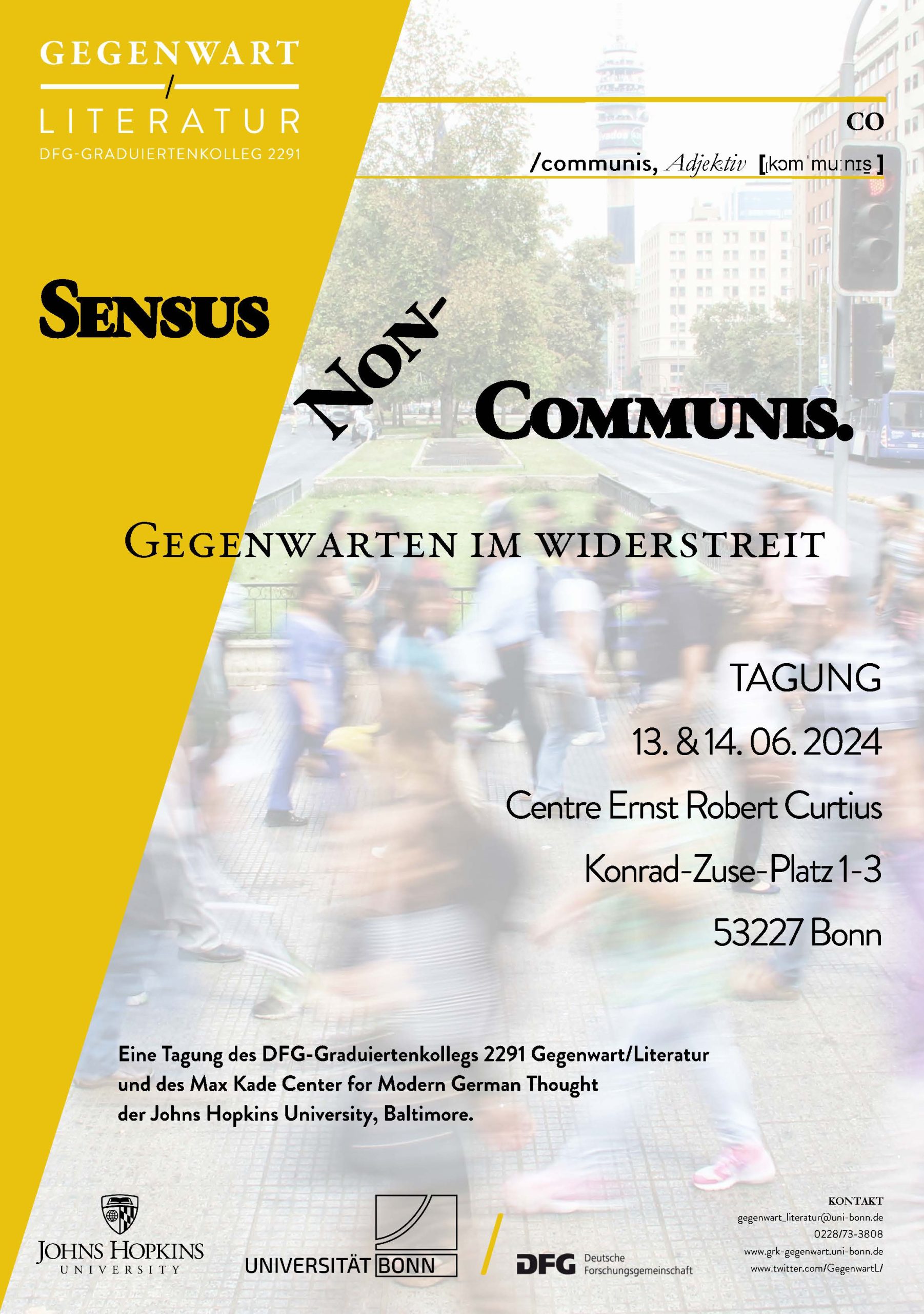 Conference program featuring title, date, location and sponsors against background image of people walking in an urban space.