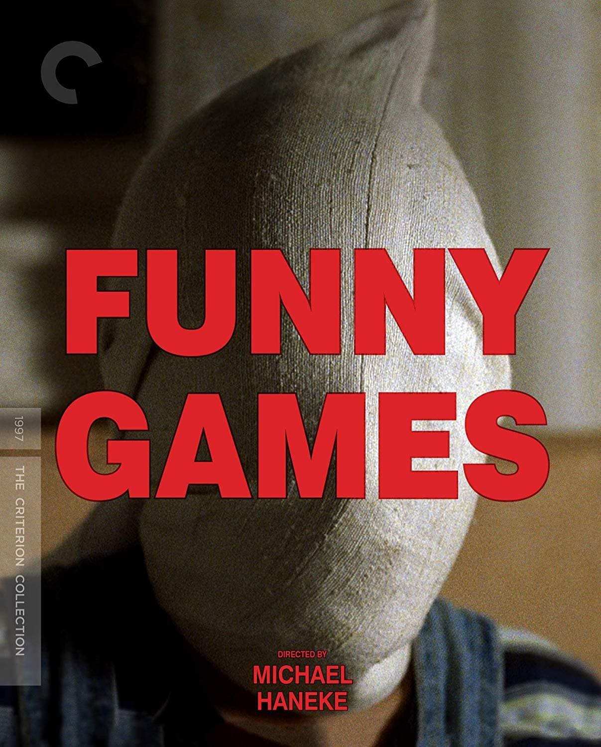 Red text funny games over face of masked man