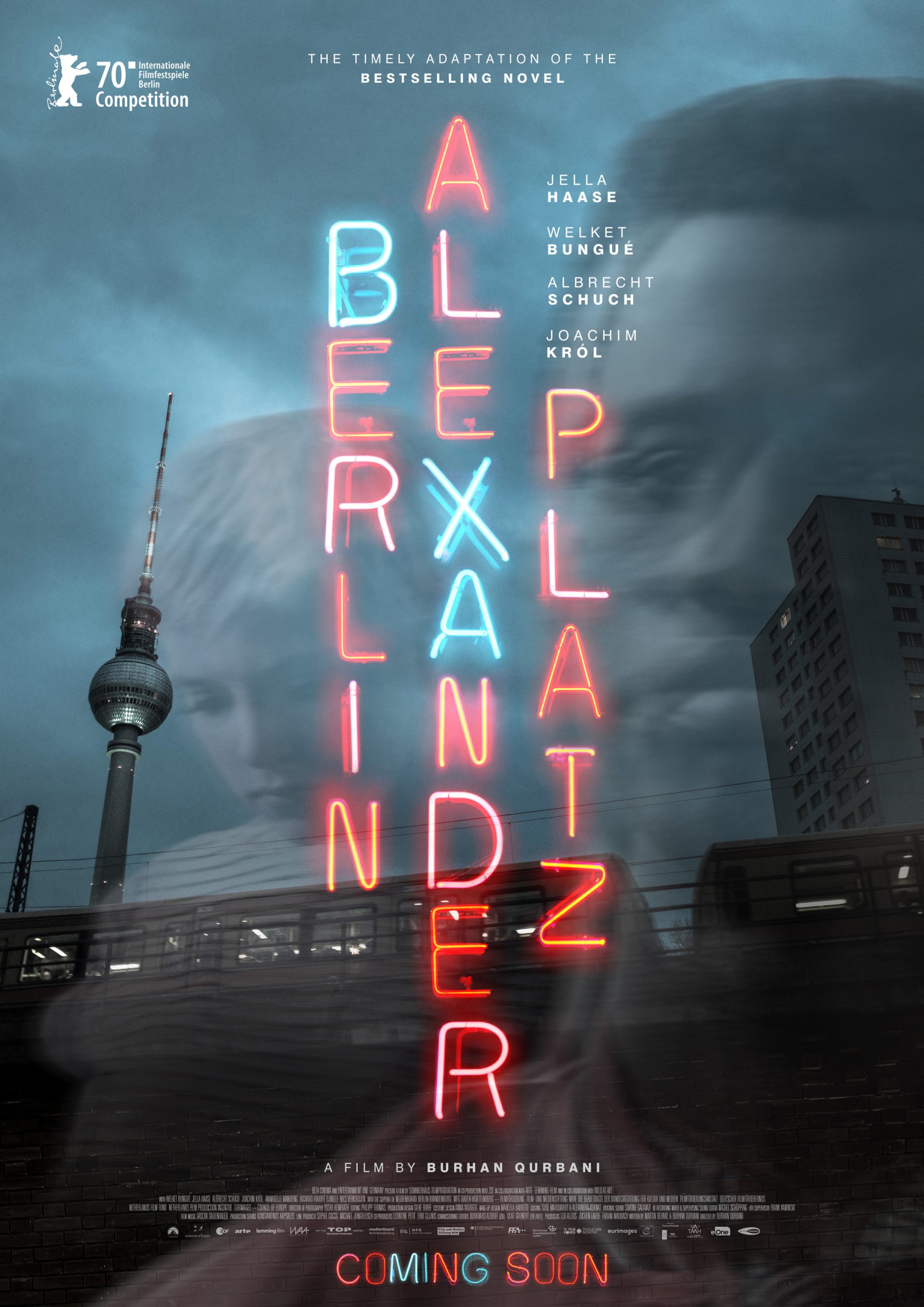 Poster featuring neon lights spelling out berlin alexanderplatz