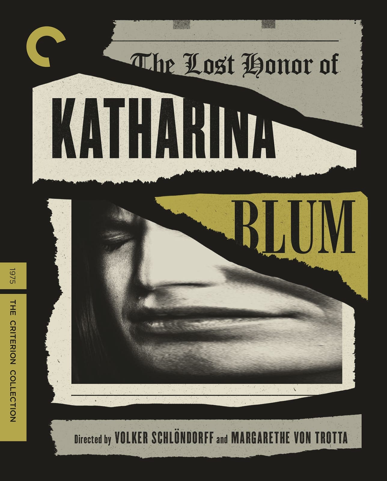 Criterion cover of film, featuring torn pieces of newspaper that spell out the title