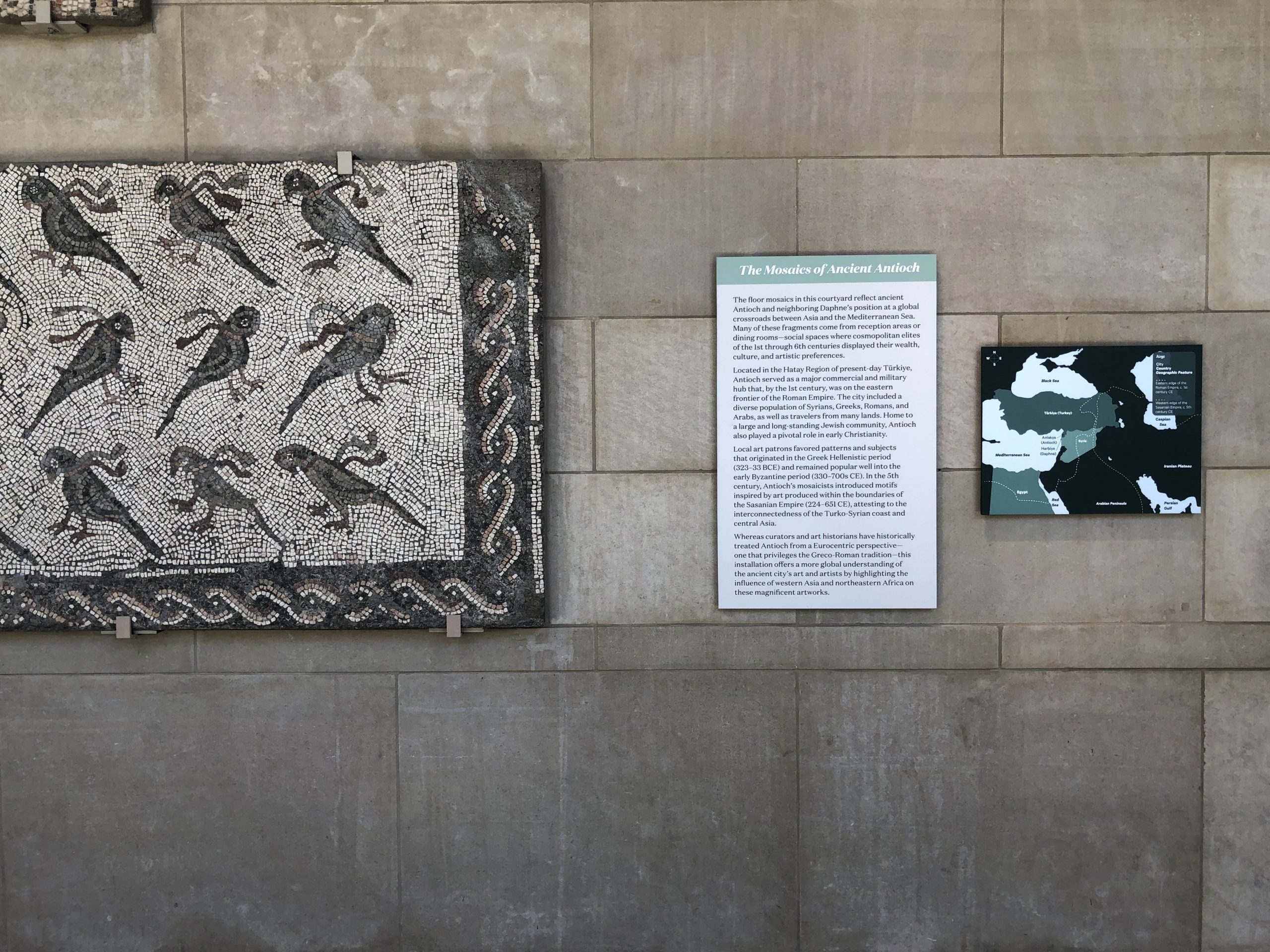 An ancient mosaic featuring birds in rows hangs on a museum wall. The museum's introductory label appears to the right of the image.