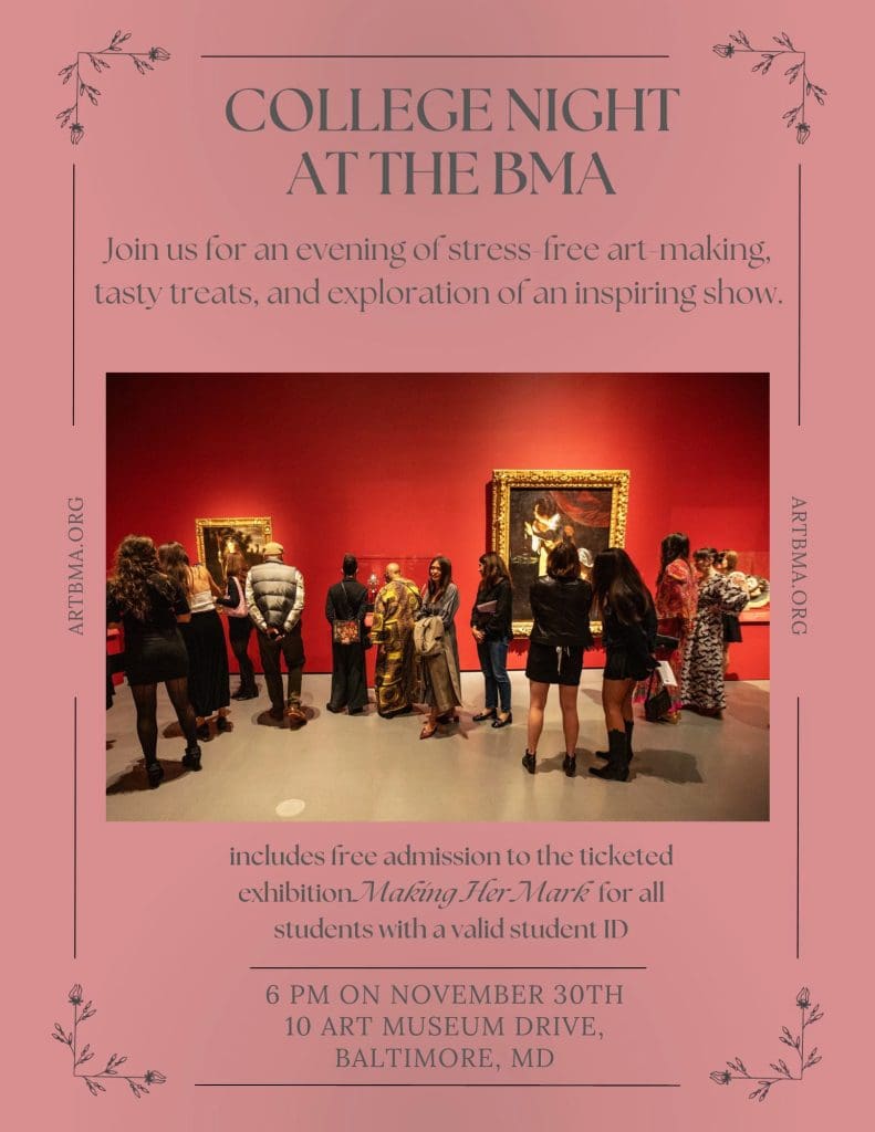 Flyer advertises College Night at the BMA event. It includes text and an image showing people standing in an exhibition.