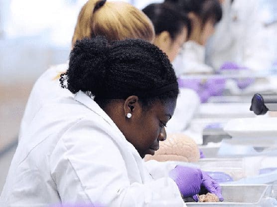 four students in a lab wearing white lab coats and purple gloves