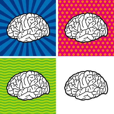 Logo for the Society for Philosophy and Psychology. Image is of four drawings of a brain in each corner. In the top left corner, the background behind the brain is two shades of blue in a radial pattern, the top right corner the background behind the brain is orange and magenta polka dots, in the bottom left corner the background behind the brain is a wave pattern with two shades of green, and in the bottom right corner the background behind the brain is a white square.