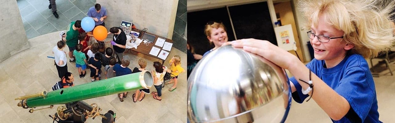 Kids gathering around physics experiments and a kid with hair sticking up from a static ball