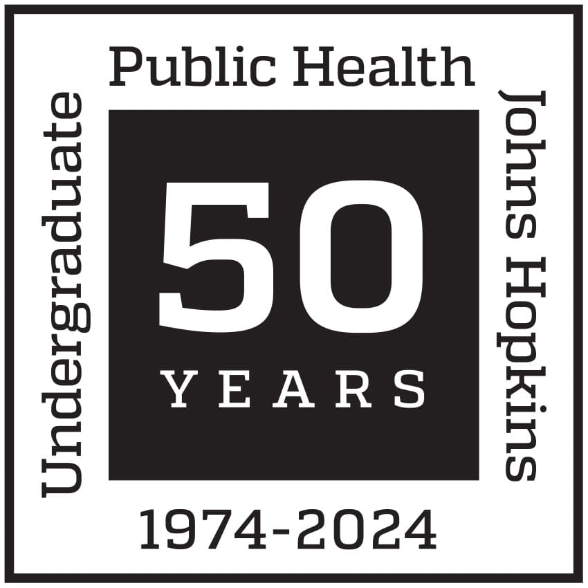 a black box saying 50 years with Undergraduate Public Health Johns Hopkins 1974-2024 around it