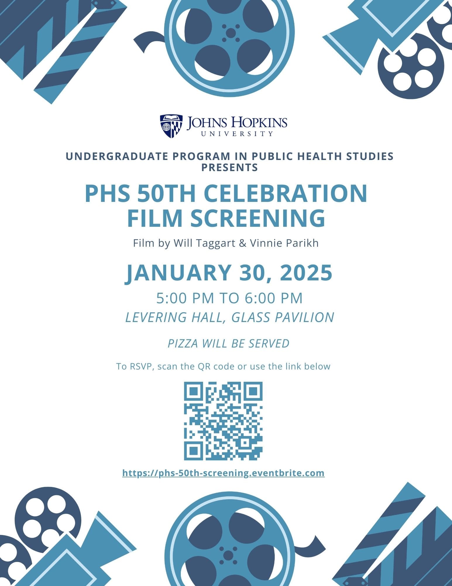 Flyer for PHS 50th Celebration Film Screening taking place on January 30, 2025 from 5:00pm - 6:00pm at Levering Hall's Glass Pavilion