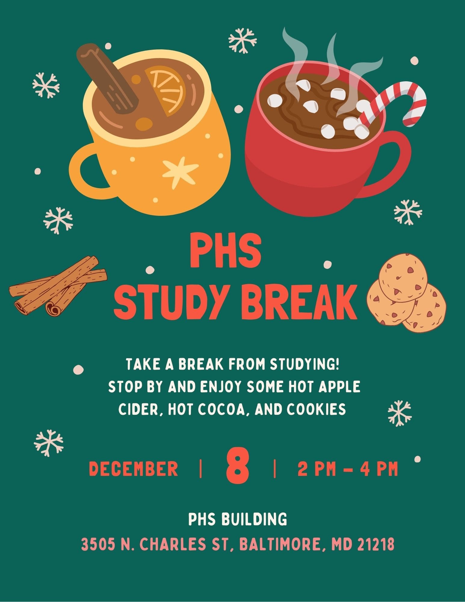 PHS Study Break flyer taking place in the PHS Building from 2 - 4pm