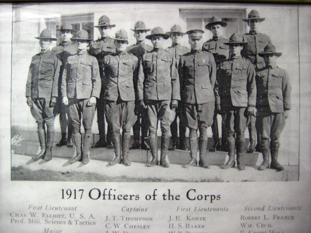 black and white group photo of men in military uniform