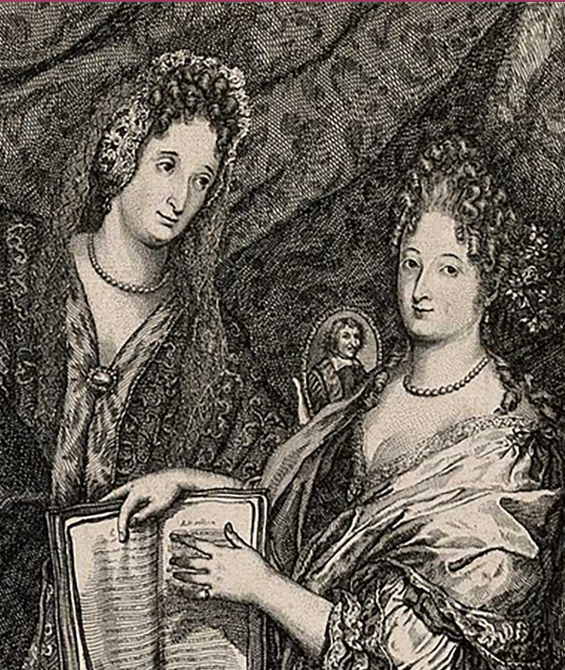Historical print of two women holding a book