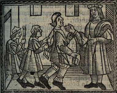 Woodcut of a man telling a riddle