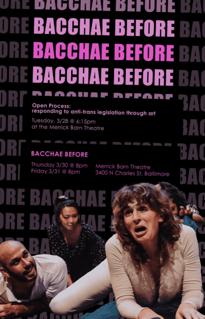 Four dancers on the floor; poster for Bacchae Before