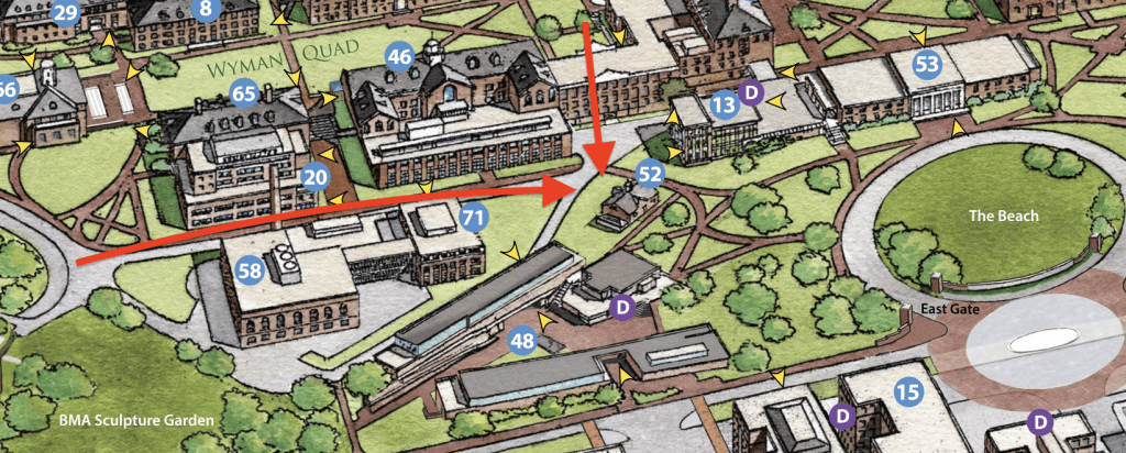 Map to Merrick Barn, showing access from the south, near the Baltimore Museum of Art, and from the west, via Wyman Quad and Krieger hall