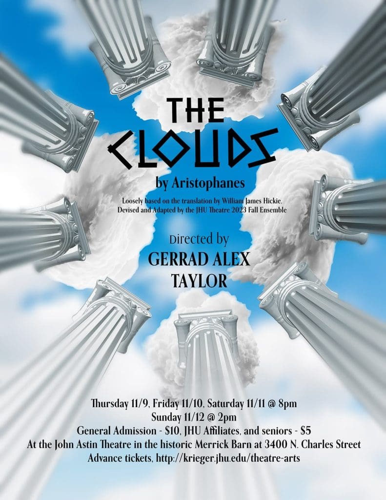 Poster for The Clouds. Greek columns, with some emitting smoke.