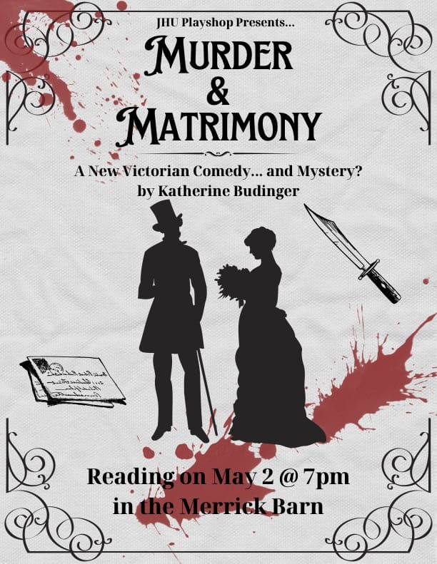 Poster for Murder and Matrimony, two Victorian figures with blood.
