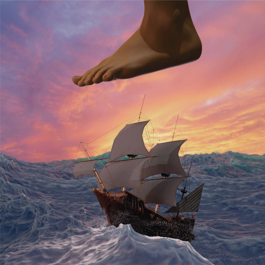 An ancient ship on a stormy sea, about to be crushed by a giant foot.