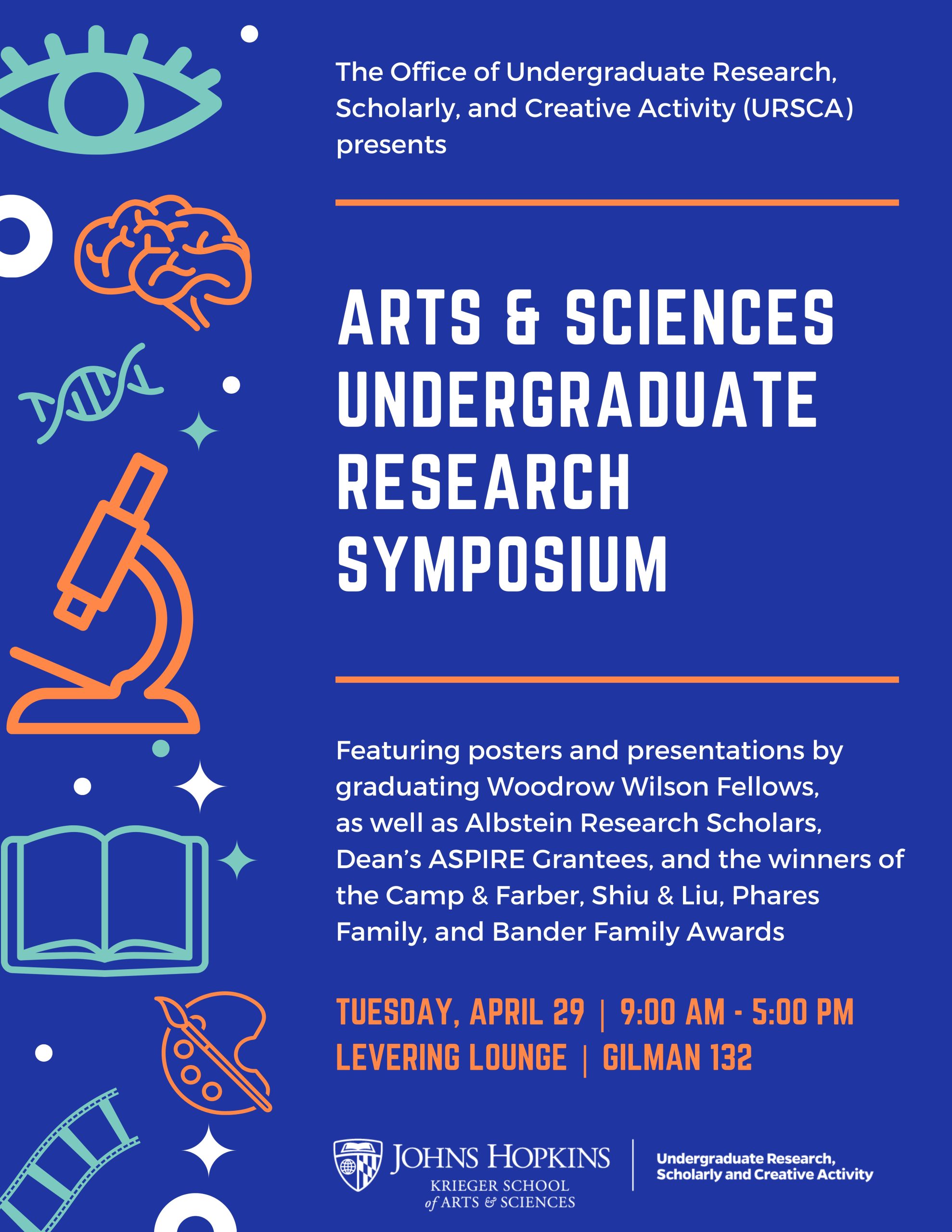 Arts & Sciences Undergraduate Research Symposium Featuring posters an presentations by graduating Woodrow Wilson Fellows, as well as Albstein Research Scholars, Dean's ASPIRE Grantees, and the winners of the Camp & Farber, Shiu & Liu, Phares Family, Bander Family, and Louis E. Goodman Awards