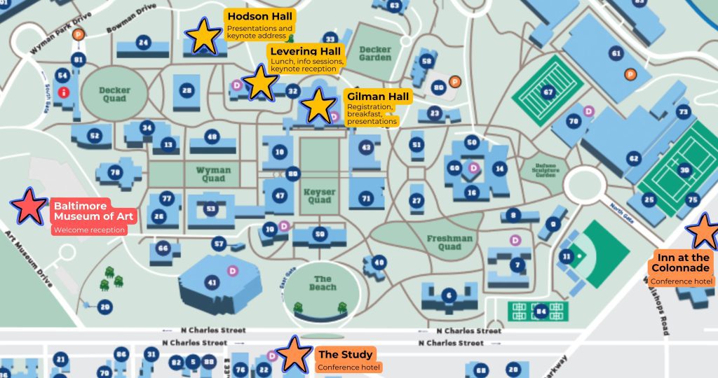 Map of JHU Homewood campus with stars marking Macksey Symposium venues: Hodson Hall, Levering Hall, Gilman Hall, Baltimore Museum of Art, The Study hotel, the Inn at the Colonnade.