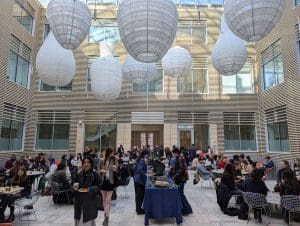Students gather in the Gilman Atrium for breakfast.
